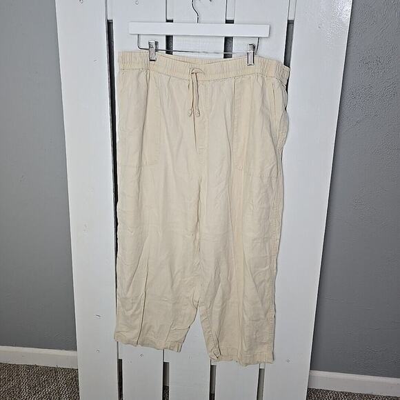 Lucky Brand Beige Khaki Relaxed Linen Blend Pull On Crop Pants XL Coastal Resort - Picture 1 of 9